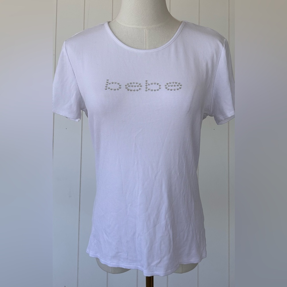 Bebe Women’s Bling Logo Short Sleeved Tee Shirt Rounded Neck Size Large